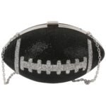 Black and silver rhinestone football clutch bag with a detachable crossbody strap, perfect for game day and stylish occasions.