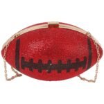 Red and black rhinestone football clutch bag with a gold chain crossbody strap, perfect for game day.