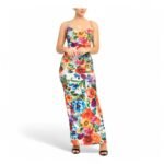 A women's maxi dress with a multicolor floral print and a side slit.