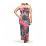 Plus Size Multicolor Tie Dye Tube Maxi Dress featuring a vibrant tie-dye pattern in pink, blue, and green tones, with a sleek tube design perfect for casual or dressy occasions.