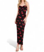 Black Rose Print Open Back Midi Dress