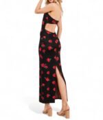 Black Rose Print Open Back Midi Dress