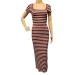 Dry Wine and Soft White striped midi dress with square neck and side slit.