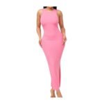 Full-body view of a model wearing a sleeveless hot pink ribbed maxi dress with a fitted silhouette and a side slit at the bottom.