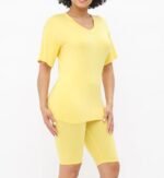 Yellow Brushed DTY V-Neck Tee & Biker Shorts Lounge Set - Image 2