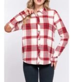 Plaid flannel button-down shirt with long sleeves and faux suede elbow patches.