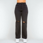 Women's black high-waist straight-leg jeans made from 100% cotton, featuring fashionable slits on the knees.