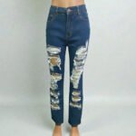 Dark blue high-waist straight-leg jeans made from 100% non-stretch cotton with distressed detailing on the front.