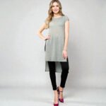Woman wearing a Lt Olive (Light Olive Green) Short Sleeve Tunic Top with a round neck and a flowing high-low hem, providing full coverage.