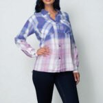 Regular & Plus Size Plaid Flannel Button Down Top, 3/4 Roll-Up Sleeve, Blue Lilac Blouse - Image 2