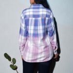 Regular & Plus Size Plaid Flannel Button Down Top, 3/4 Roll-Up Sleeve, Blue Lilac Blouse - Image 3