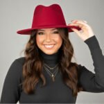 Burgundy Wide Brim Fedora Hat with a stiff, structured 3-inch brim, showcasing the 100% Polyester felt material.