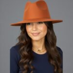 Rust Wide Brim Felt Fedora Hat with a stiff, structured shape and 3-inch brim, showcasing the adjustable fit.