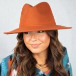 Rust Wide Brim Felt Fedora Hat with a stiff, structured shape and 3-inch brim, showcasing the adjustable fit.