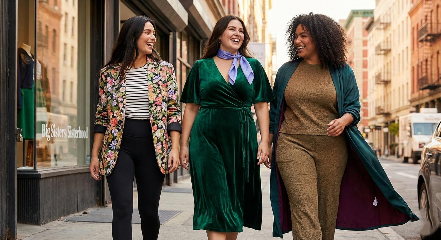Diverse group of women in regular and plus sizes modeling 2026 fashion trends including an emerald green velvet dress and a floral print-clashed blazer from Big Sisters/Sisterhood.
