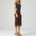 Square Neck Full Lined Print Midi Dress - Black & Burnt Brown Plaid - Image 3