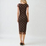 Square Neck Full Lined Print Midi Dress - Black & Burnt Brown Plaid - Image 4