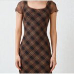 Square Neck Full Lined Print Midi Dress - Black & Burnt Brown Plaid - Image 2