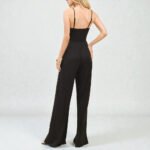 Double Layered V-Neck Twisted Detail Palazzo Slip Jumpsuit - Black - Image 5