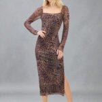 Front view of a woman wearing a brown leopard print bodycon midi dress featuring a chic square neckline and sheer mesh long sleeves.