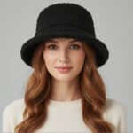 A woman wearing a cozy, black pluffy fleece wool bucket hat with a soft, fuzzy texture and a classic rounded brim for a stylish winter look.