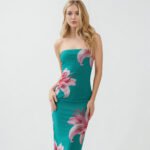 Women's Marina Teal Lily Print Tube Midi Dress - Strapless Mesh Bodycon - Image 4