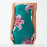 Women's Marina Teal Lily Print Tube Midi Dress - Strapless Mesh Bodycon - Image 3