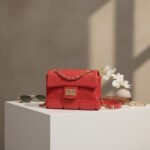 Crimson Quilted Crossbody – Edgy Rubber Base & Gold Chain Detail - Image 2